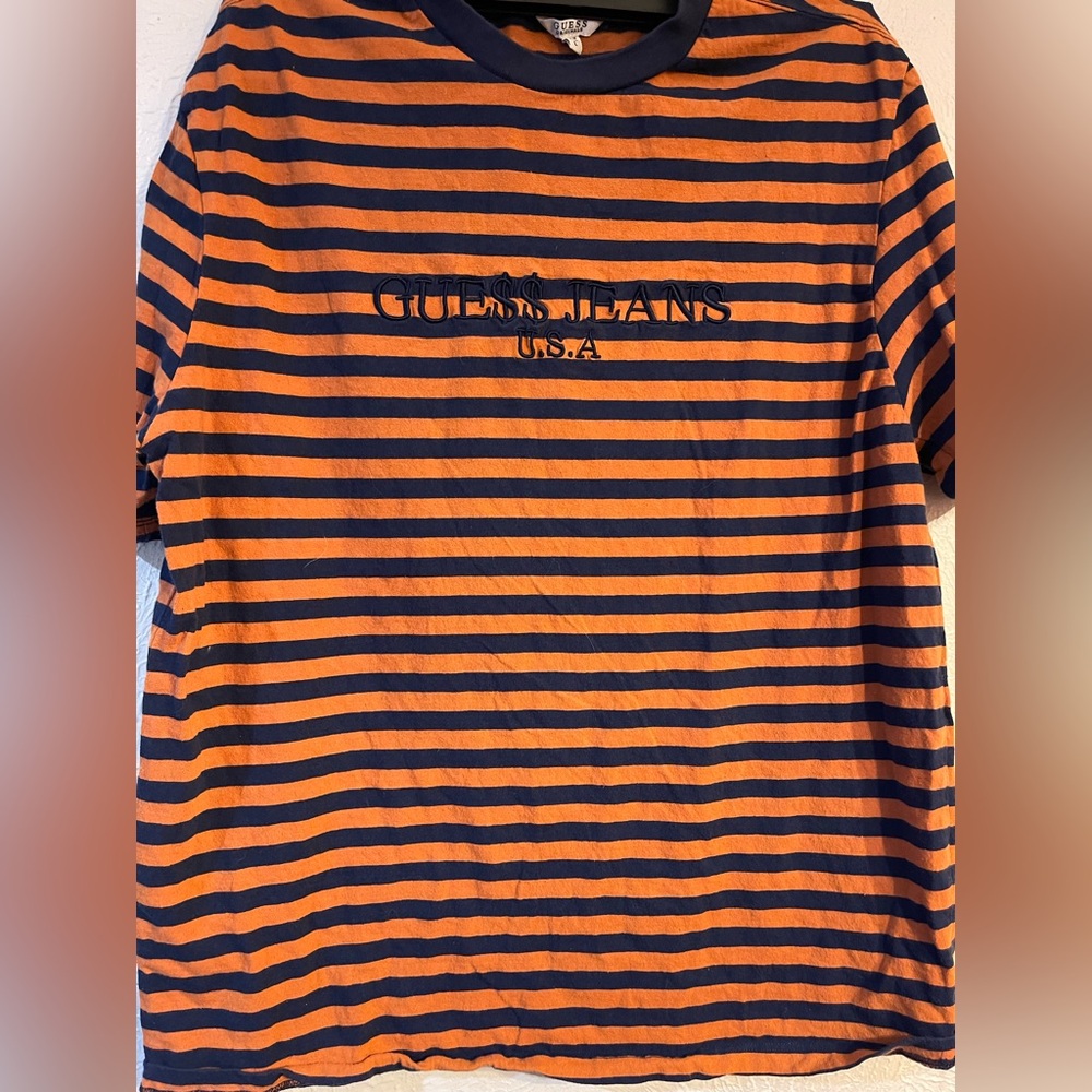 GUESS Orange and Navy Striped Short-Sleeve Tee